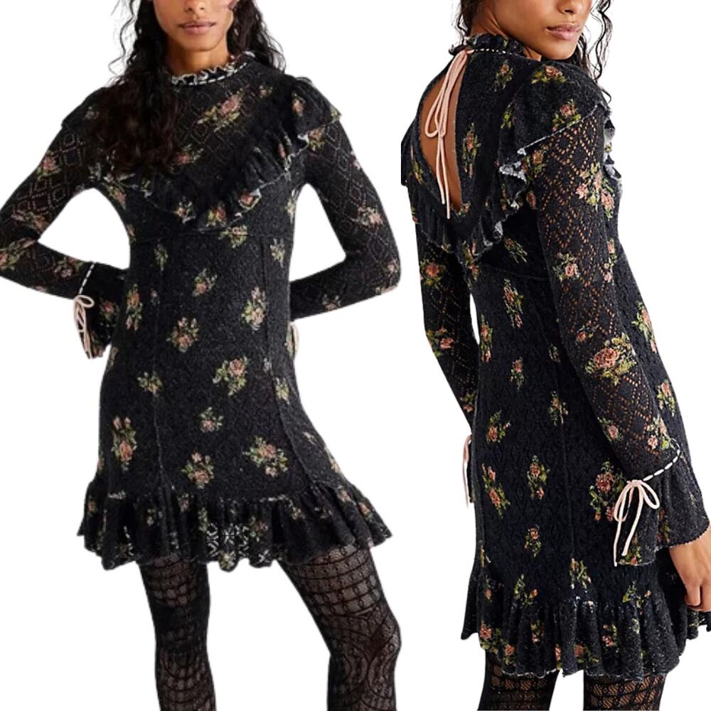 Free People Rose Petal Mini Dress Black Floral Combo Knit Ruffle Long Sleeves M